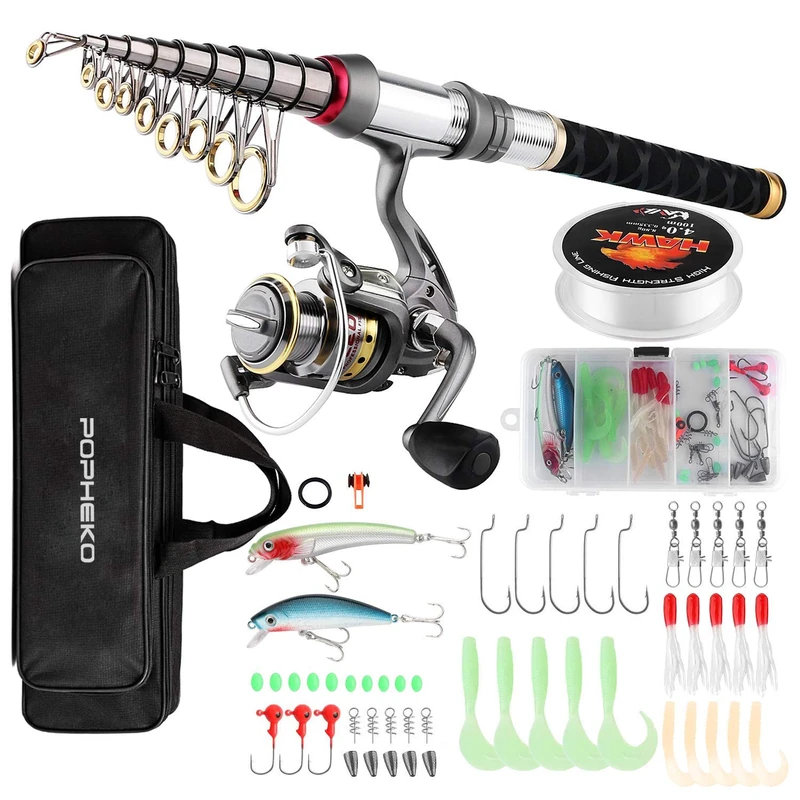 SupsShop Fishing Rod & Reel Combo - Telescopic Pole Set With Spinning Reel, Line, Lures, Hooks & Carrier Bag - Saltwater & Freshwater Fishing Gear for Kids to Adults Professionals - 2.4M/7.87FT