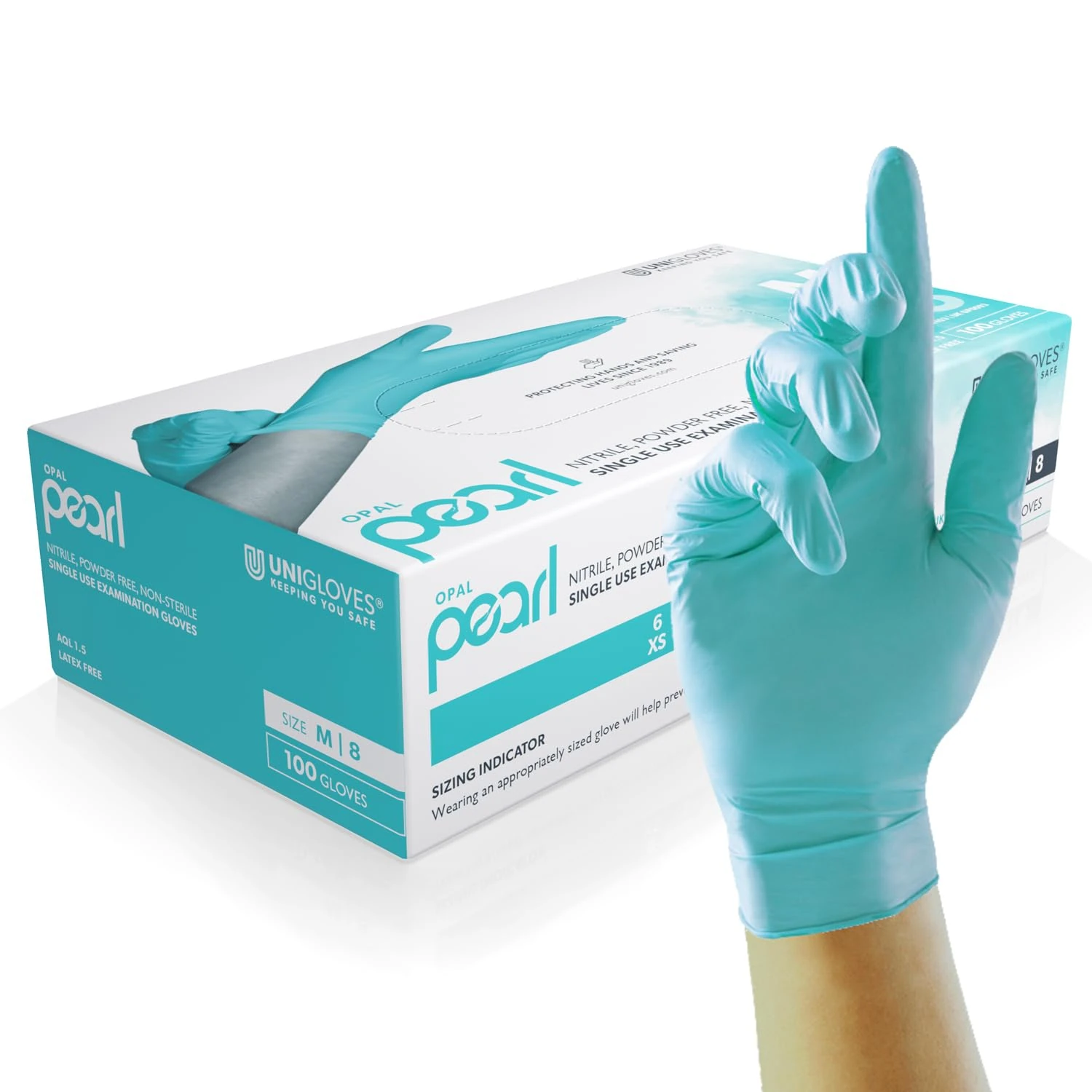 Unigloves Aqua Blue Pearl Nitrile Examination Gloves - Multipurpose, Powder Free and Latex Free Disposable Gloves - Box of 100 Gloves, Aqua Blue, Large (GP0094)