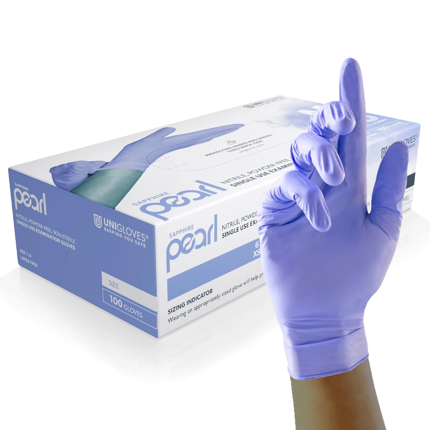 Unigloves Sapphire Pearl Nitrile Examination Gloves - Multipurpose, Powder Free and Latex Free Disposable Gloves - Box of 100, Extra Small (GP0081)