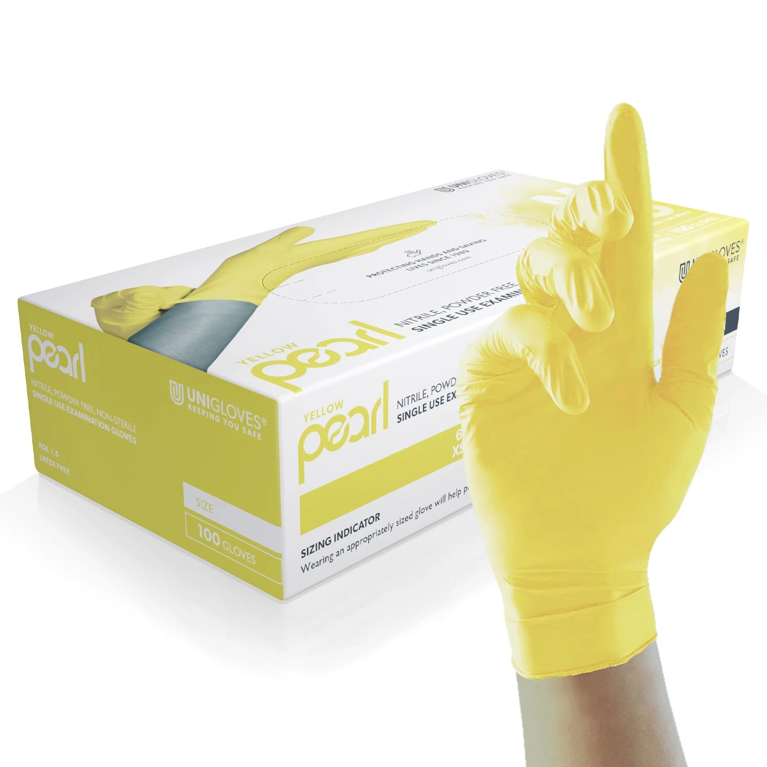 Unigloves Yellow Pearl Nitrile Examination Gloves - Multipurpose, Powder Free and Latex Free Disposable Gloves - Box of 100, Extra Small (GP0111)