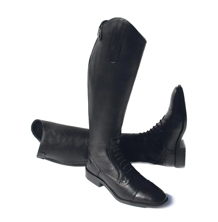 Rhinegold Elite Luxus BLACK LEATHER RIDING BOOTS - Soft Feel Leather, Comfortable Fit, Elasticated Laced Front, Women's Equestrian Boots with Full Length Back Zip, Size 4, EU 37, Calf 3