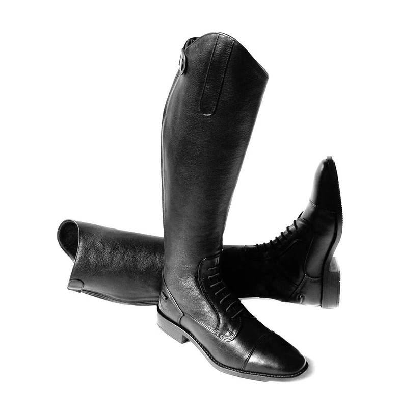 Rhinegold Elite Luxus BLACK LEATHER RIDING BOOTS - Soft Feel Leather, Comfortable Fit, Elasticated Laced Front, Women's Equestrian Boots with Full Length Back Zip, Size 6.5, EU 40, Calf 0
