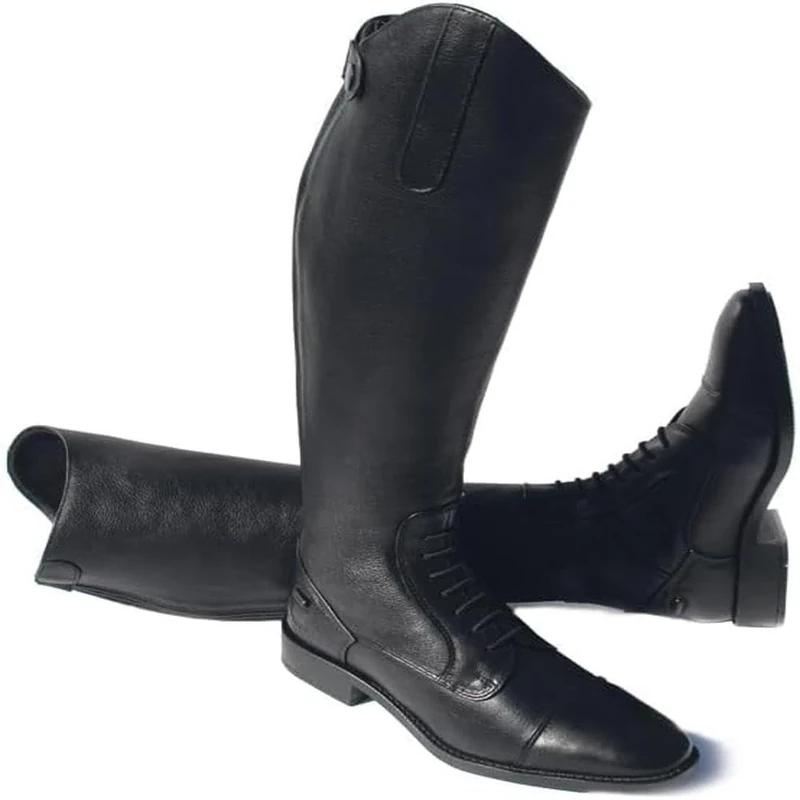 Rhinegold Elite Luxus BLACK LEATHER RIDING BOOTS - Soft Feel Leather, Comfortable Fit, Elasticated Laced Front, Women's Equestrian Boots with Full Length Back Zip, Size 5, EU 38, Calf 3