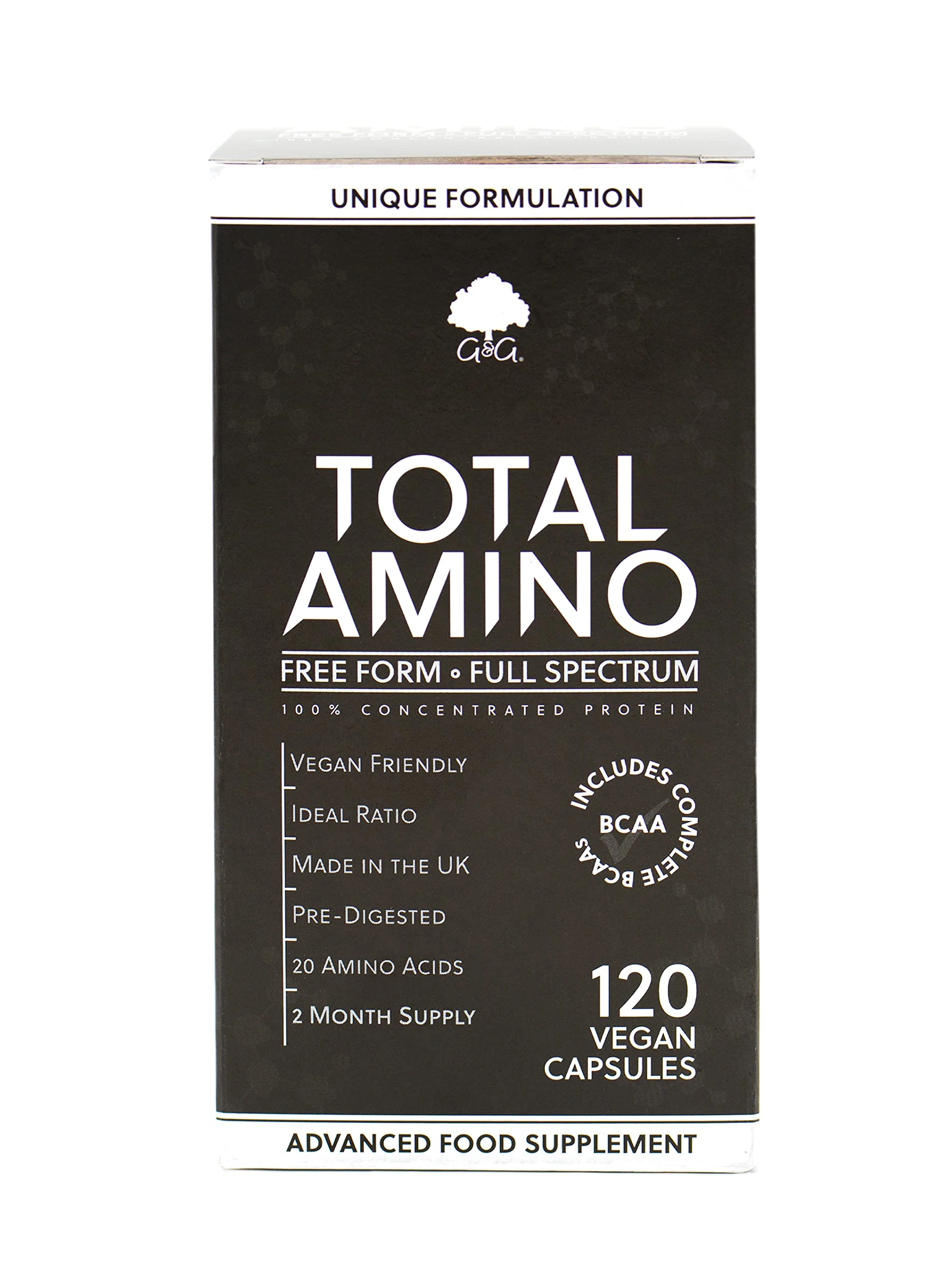 Total Amino - Full Spectrum - All 20 Amino Acids - EAA, BCAA - Free Form - 120 Vegan Capsules - Made in the UK by G&G Vitamins