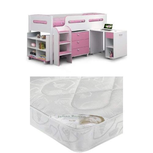 KIMBO Pink Twin Loft Bed with Desk & Premier 90cm Mattress
