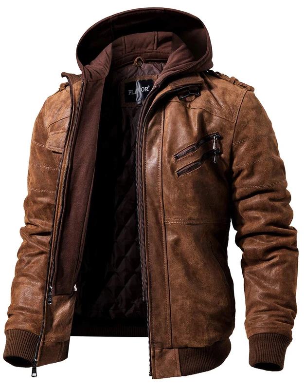 FLAVOR Men Brown Leather Motorcycle Jacket with Removable Hood, Brown, US Large Tall