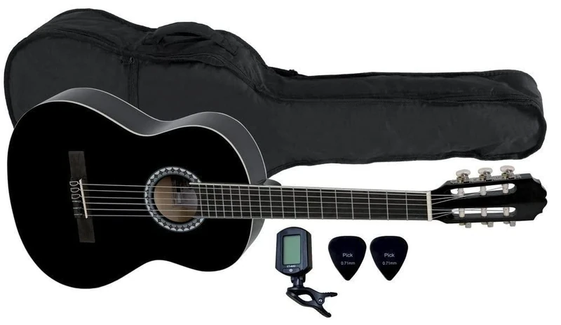 GEWA classical guitar, Basic guitar, basswood body, pakkawood fingerboard, chrome-plated machine heads, Set 3/4 black, including bag, tuner, picks
