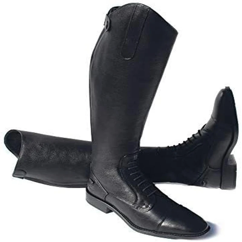 Rhinegold Elite Luxus BLACK LEATHER RIDING BOOTS - Soft Feel Leather, Comfortable Fit, Elasticated Laced Front, Women's Equestrian Boots with Full Length Back Zip, Size 10, EU 44, Calf 2