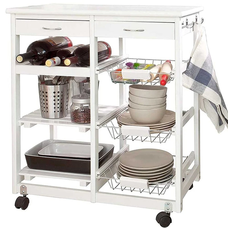 BAKAJI Wooden Kitchen Trolley Space-Saving Trolley 3 Compartments 3 Baskets Structure with Wheels Size 67 x 37 x 75 cm White