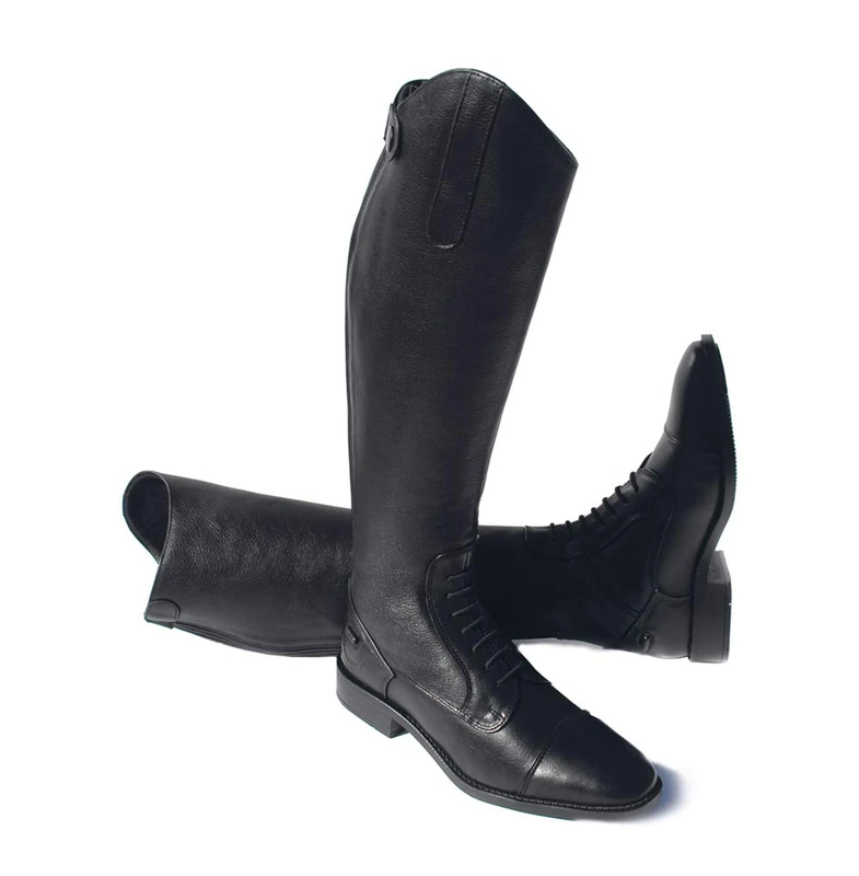 Rhinegold Elite Luxus BLACK LEATHER RIDING BOOTS - Soft Feel Leather, Comfortable Fit, Elasticated Laced Front, Women's Equestrian Boots with Full Length Back Zip, Size 11, EU 45, Calf 3