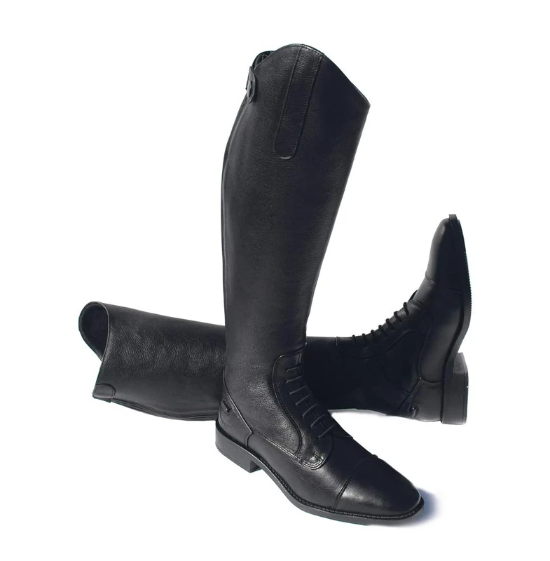 Rhinegold Elite Luxus BLACK LEATHER RIDING BOOTS - Soft Feel Leather, Comfortable Fit, Elasticated Laced Front, Women's Equestrian Boots with Full Length Back Zip, Size 10, EU 44, Calf 0