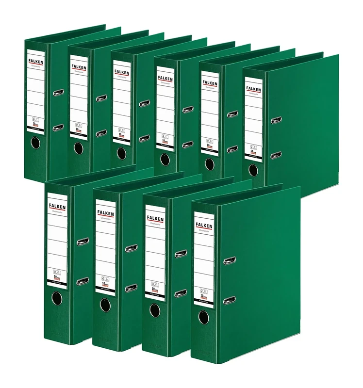 FALKEN Original 10-pack Green A4 Ring Binder File Folder Set. Made in Germany. Plastic, 8 cm wide, 600 sheet capacity, FSC certified