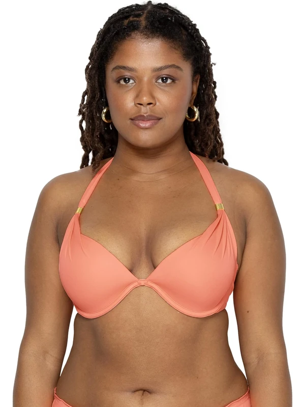 Smart & Sexy Women's Swim Secret Mega Push-up Halter Bikini Top, Peach Luster, 32A