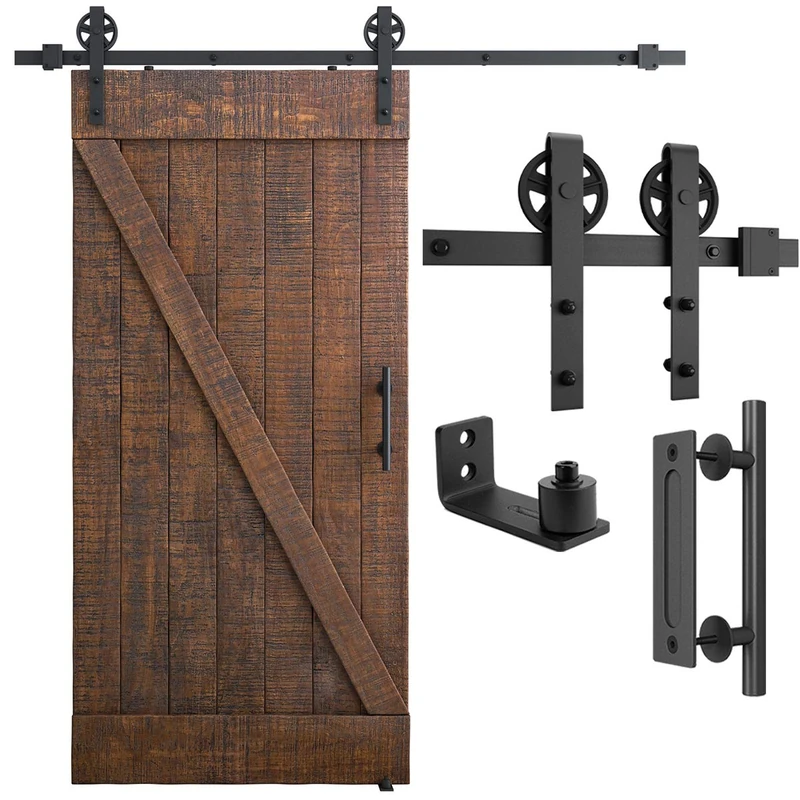 6.6ft Heavy Duty Sliding Barn Door Hardware Kit, 6.6ft Single Rail, Black, (Whole Set Includes 1x Pull Handle Set & 1x Floor Guide & 1x Latch Lock) Fit 36"-40" Wide DoorPanel (Bigwheel Hanger)