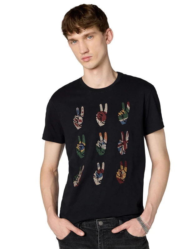 John Varvatos Star USA Men's Multi Peace Hand T-Shirt, Black, XL - Image 1