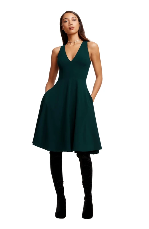 Dress the Population Women's Catalina Solid Sleeveless FIT & Flare MIDI Dress, Pine, X-Large