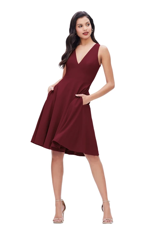 Dress the Population Women's Catalina Solid Sleeveless FIT & Flare MIDI Dress, Burgundy, S