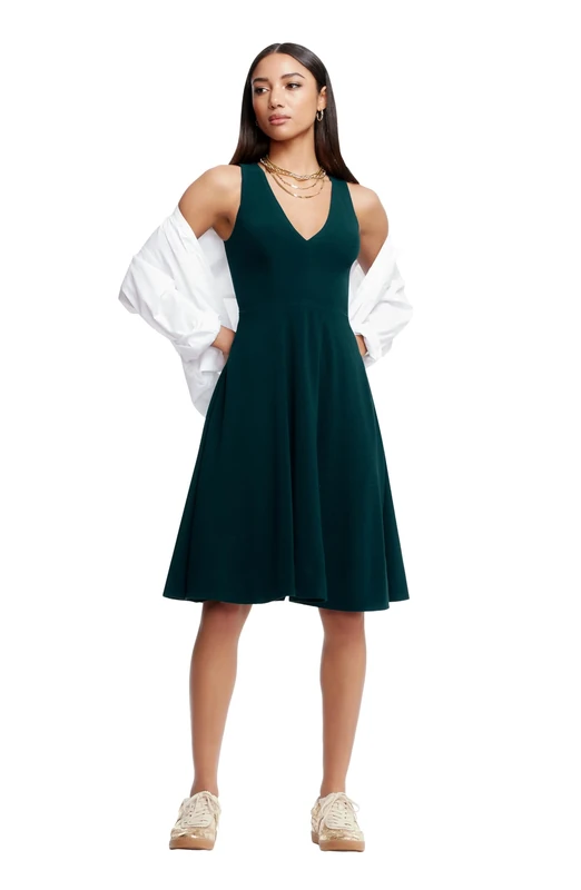 Dress the Population Women's Catalina Solid Sleeveless Fit & Flare Midi Dress, Peacock Blue, Large