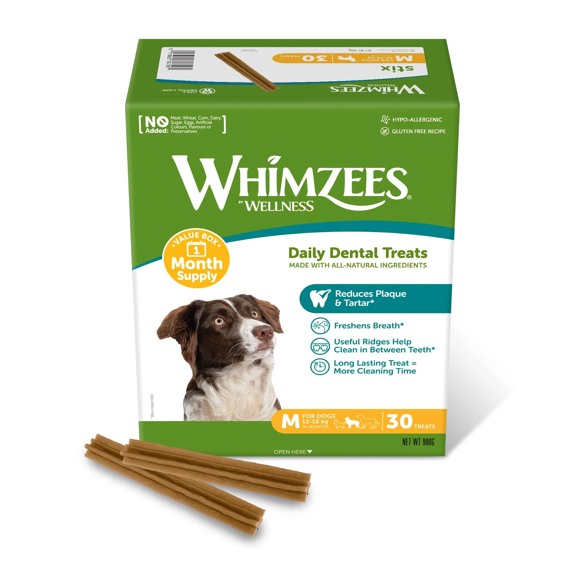 WHIMZEES By Wellness Stix, Dog Dental Sticks, 30 Pieces (1 Month Supply), Size M, Dog Chews for Medium Breeds, Natural, Grain-Free, Rawhide-Free, Vegetarian