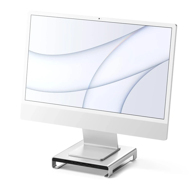 SATECHI Type-C Aluminium Monitor Stand Hub with USB-C Data, USB 3.0, Micro/SD Card Slots & 3.5mm Headphone Jack for Apple Studio Display, iMac, iMac Pro (Silver) - Image 1