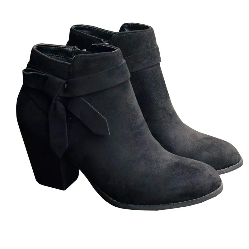 PiePieBuy Women's Tie Knot Chelsea Pump Ankle Boots Closed Toe Stacked Heel Booties Shoes, Black, 6 UK