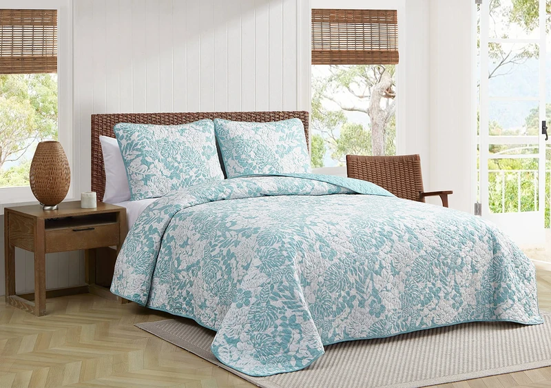 Tommy Bahama | Quilt Set-100, Lightweight & Breathable, Pre-Washed for Added Comfort, Cotton, Aqua, Queen