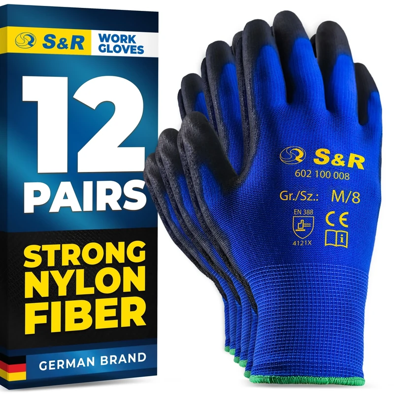 S&R Work Gloves – 12 Pairs, Nylon with PU Coating, Size M/8 – Protective Gloves for Private & Commercial Use
