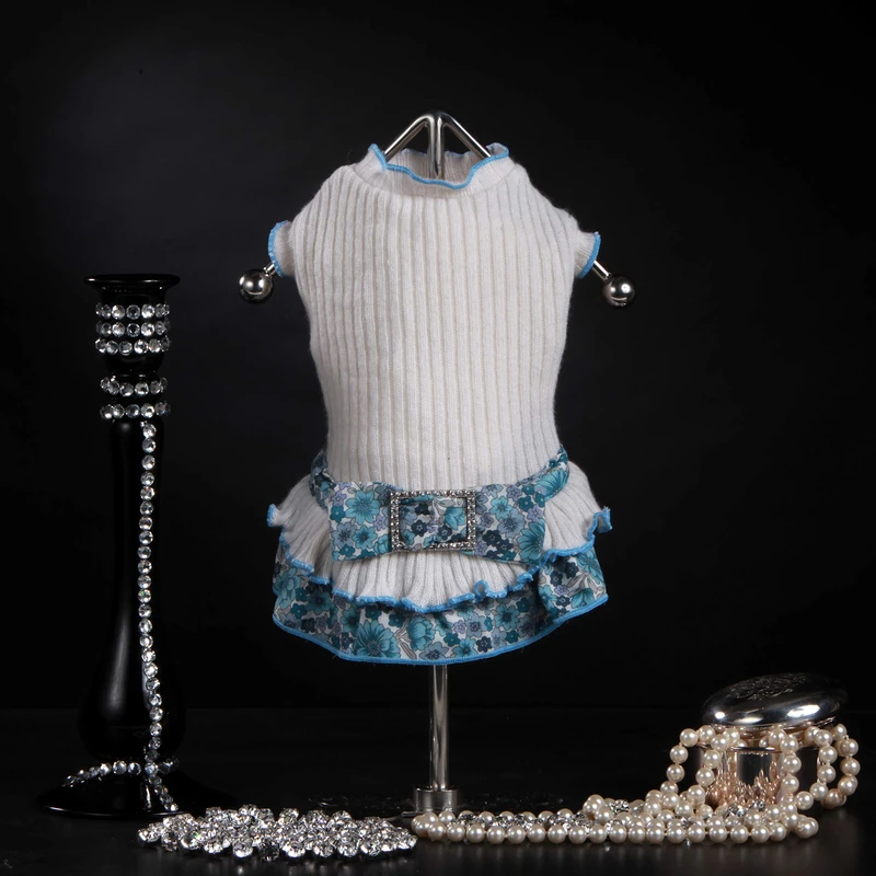 Trilly Tutti Brilli Sara Wool Dress with Floral Frill and Bow Brooch White Rhinestones, XS - 1 Product