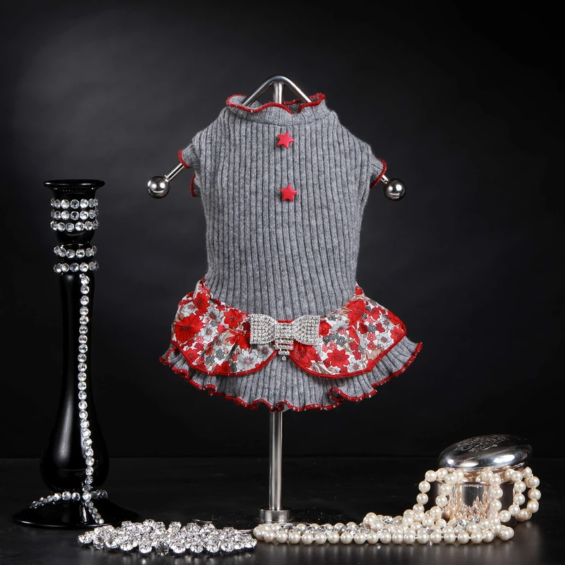 Trilly tutti Brilli Mary Wool Dress with Floral Frill and Rhinestone Bow Brooch and Star Buttons, Grey, L - 1 Product