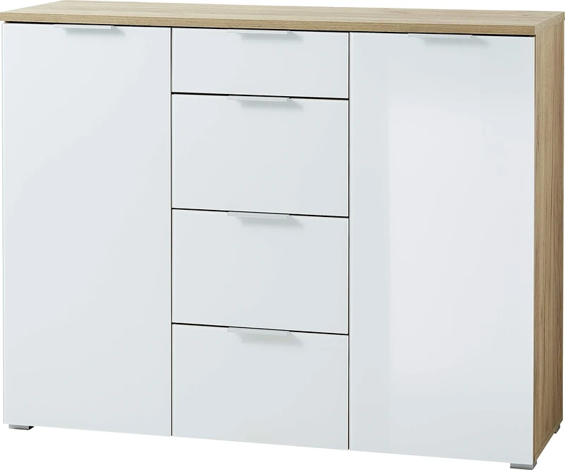 Germania Sideboard 3982-242, in Navarra-oak repro/White, front with glass support, 134 x 105 x 40 cm (WxHxD)