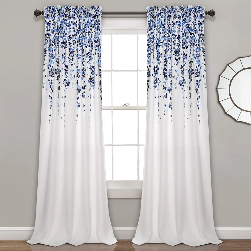 Lush Decor Weeping Flowers Darkening Window Curtains Panel Set for Living, Dining Room, Bedroom (Pair), 52" W x 84" L, Navy & Blue