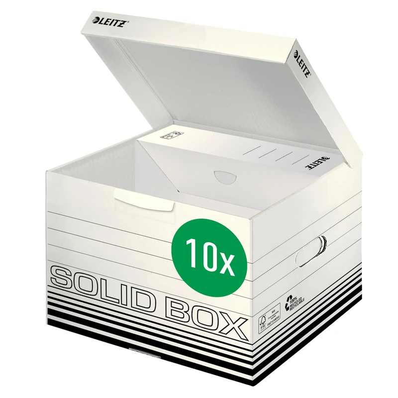 Leitz Solid Box 61180001 Storage and Transport Box Size M Box for A4 Folders Transport Box with Hinged Lid Foldable Cardboard 100% Ribbed Recycled Cardboard Pack of 10 White