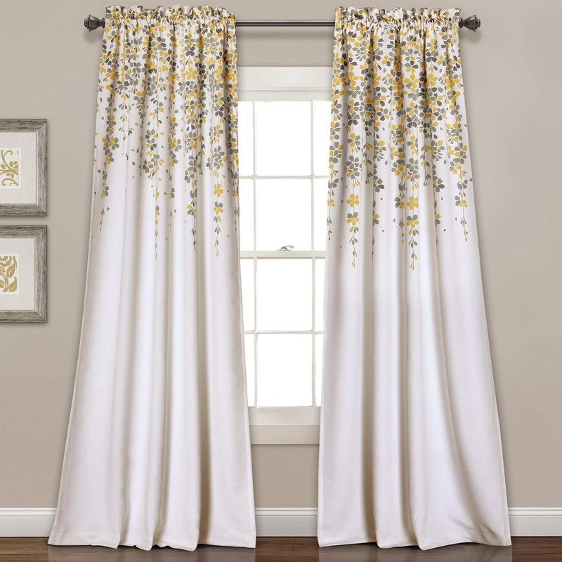 Lush Decor Weeping Flower Light Filtering Window Curtain Panels, Pair, 52" W x 95" L + 2" Header, Yellow & Gray - Charming Modern Floral Curtains for Living Room, Dining Room, & Bedroom