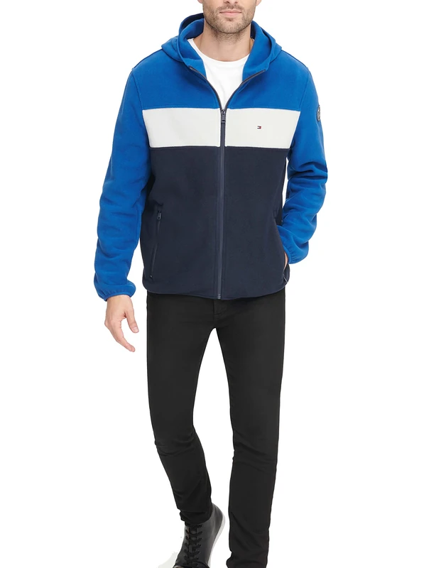 Tommy Hilfiger Men's Hooded Polar Fleece Jacket, Royal/White/Navy, S