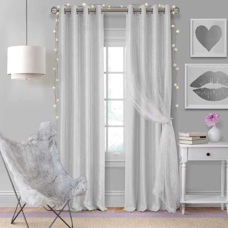 Elrene Home Fashions Aurora Kids’ Sheer Blackout Layered Curtain Panel, (Pearl Gray), (52X108)