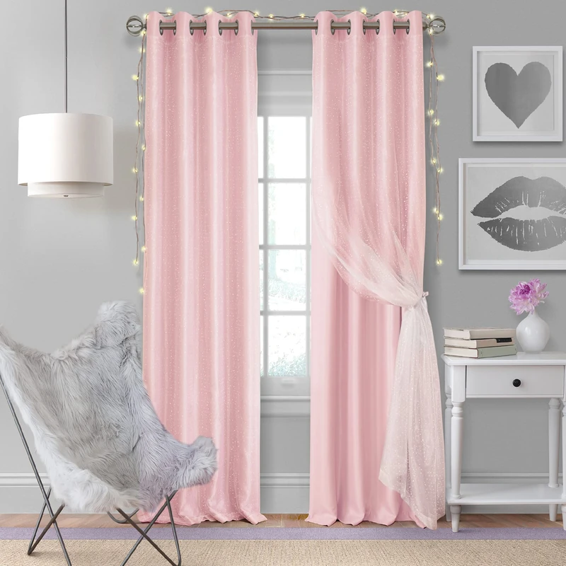 Elrene Home Fashions Aurora Kids’ Sheer Blackout Layered Curtain Panel, (Soft Pink), (52X95), Polyester, 52" W x 95" L (Pack of 1)
