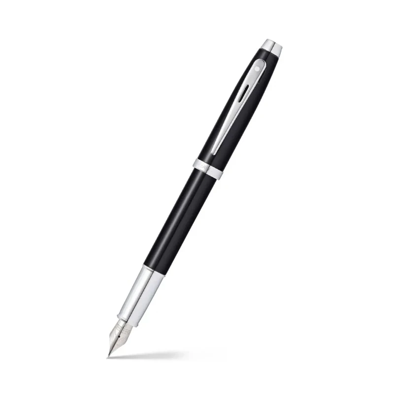 Sheaffer 100 Glossy Black Lacquer Fountain Pen with Polished Chrome Trim and Medium Nib