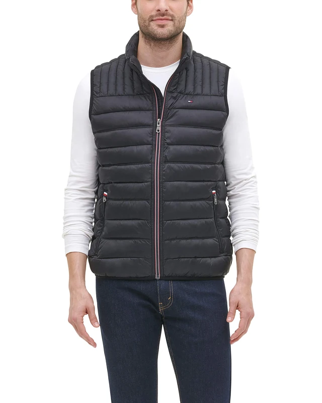 Tommy Hilfiger Men's Heavyweight Quilted Sherpa Hooded Parka Down Vest, Old Black, M