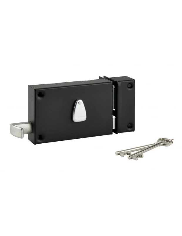 Wall Lock 140 x 88 mm Right Black – Box, Strike and Bolt 1/2 Turn Steel – Barrel 45 MM – 6 Groove Mechanism 2 Turns – Square 7 mm – 2 Nickel-Plated Keys – Made in France THIRARD