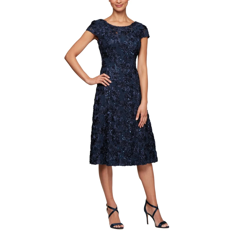Alex Evenings Women's Tea Length Mother of The Bride Dress with Rosette Lace Detail (Petite and Regular Sizes) Special Occasion, Navy, 14