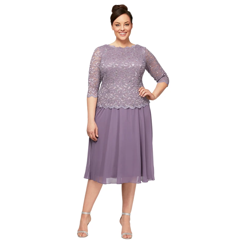 Alex Evenings Women's Plus Size Tea Length Lace Mock Dress Special Occasion, ICY Orchid, 24