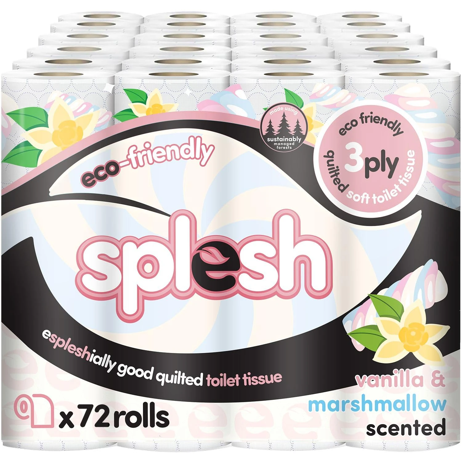 Splesh by Cusheen 3-ply Toilet Roll - Vanilla & Marshmallow Scented (72 Rolls) Bulk Buy, Quilted Toilet Rolls, Soft and Strong Toilet Tissue and Loo Rolls - Eco-Friendly Toilet Paper Sustainably Craft