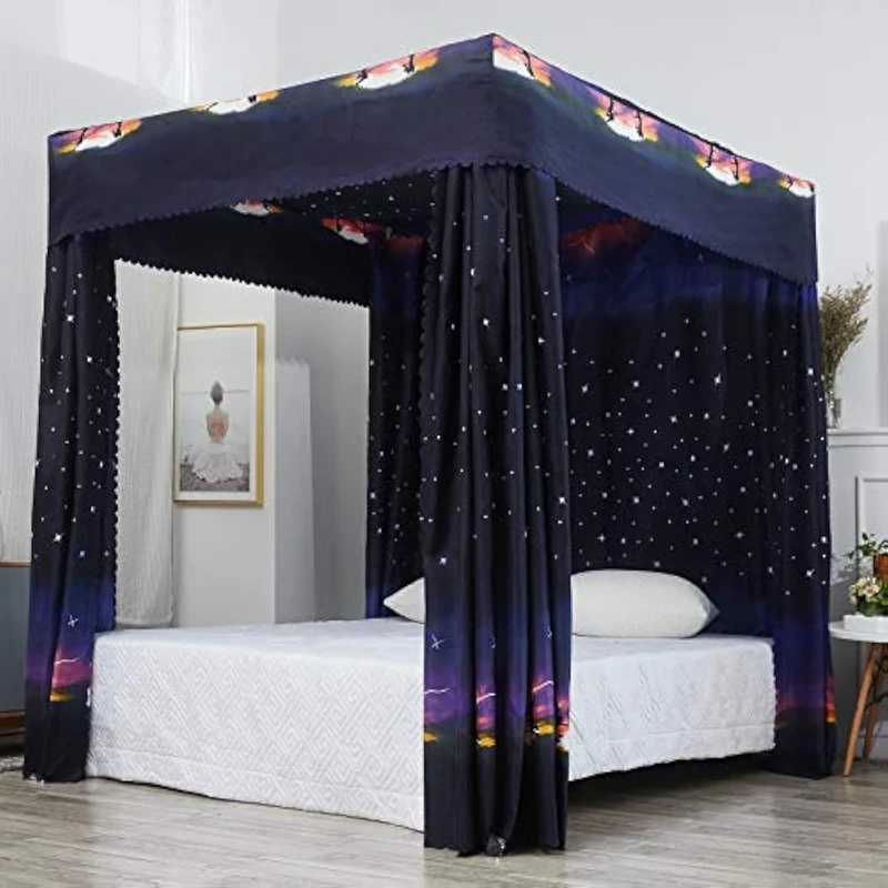 Mengersi Galaxy Star Canopy Bed Curtains Full Size,Canopy Curtains Bedroom Decoration for Girls Adults Windproof Lightproof Bed Canopies Child Gift (Black)