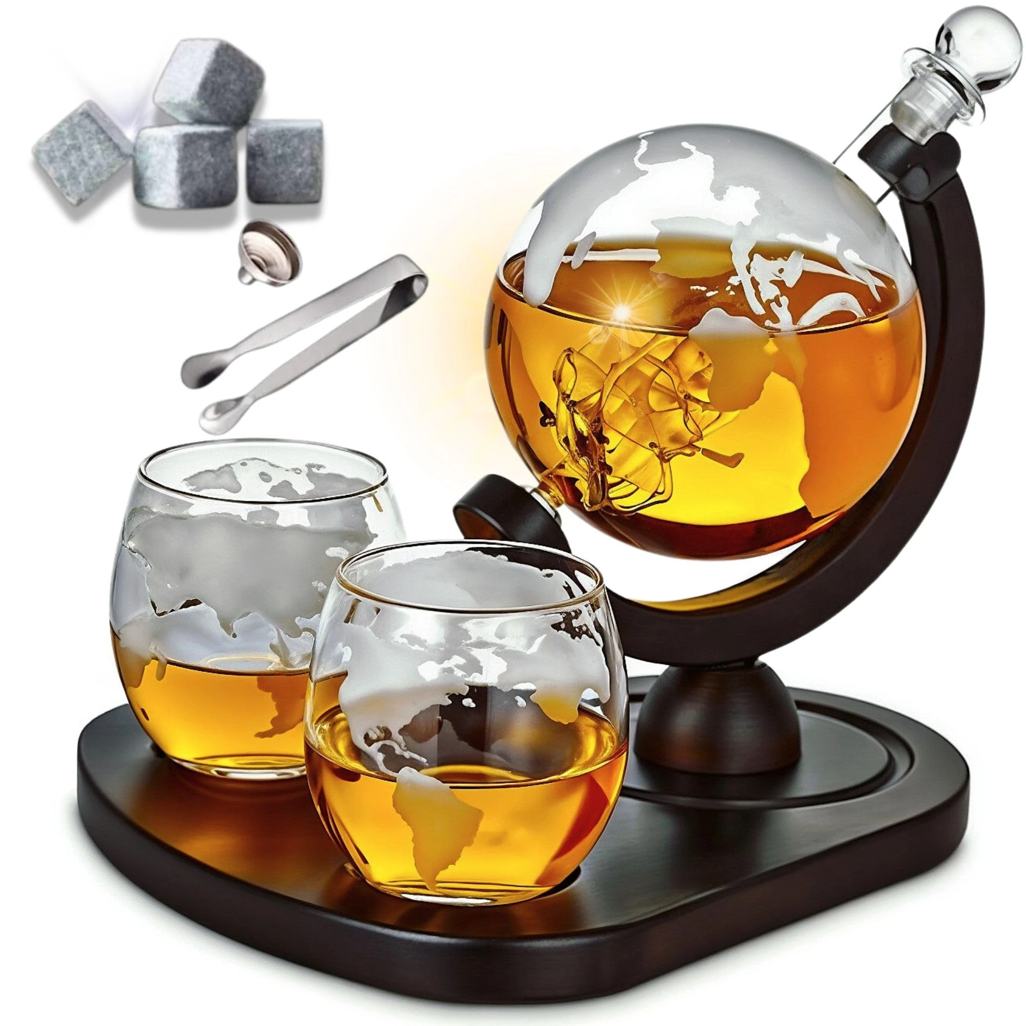 Whiskey Decanter Globe Set with 2 Etched World Globe Whisky Glasses | Whiskey Stones, Ice Tong, Coasters, Funnel - Gifts For Men Dad, Husband - Liquor, Bourbon, Scotch, Vodka with a Wood Stand - 850ml