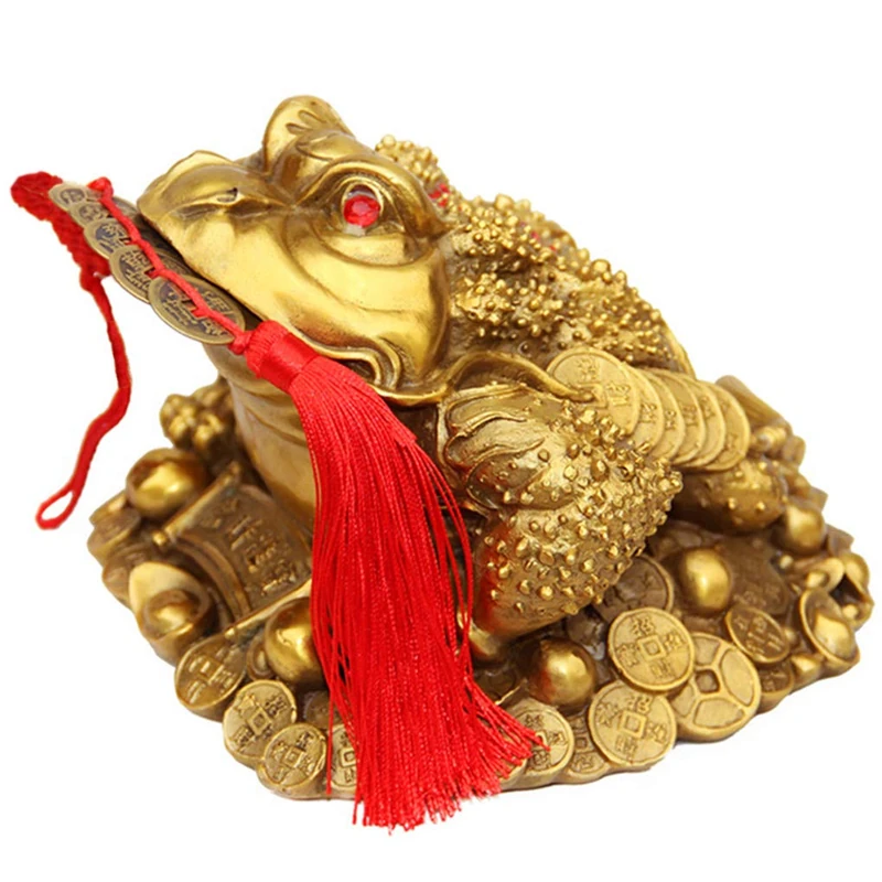 Amperer Brass Feng Shui Money Frog Three Legged Wealth Traditional Frog Money Toad Statue with Set of 5 Lucky Charm Ancient Coins on Red String Home Car Fengshui Decor (B1 Money Frog) - Image 1