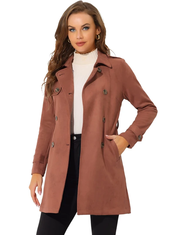 Allegra K Women's Trench Coat Double Breasted Faux Suede Winter Jacket with Belt Brown M
