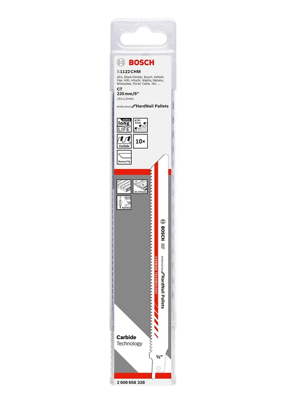 Bosch Professional 2608658328 Reciprocating Saw Blade S 1122 CHM Endurance for HardNail Pallets (for Hard Palette Nails, 225 x 19 x 1 mm, Accessory Reciprocating Saw)