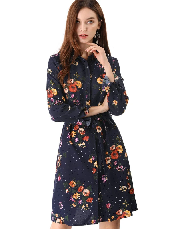 Allegra K Women's Floral Button Down Vintage Polka Dots Dresses Collar Tie Belted Shirt Dress Dark Blue XL
