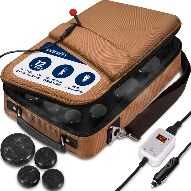 SereneLife Hot Stone Massage Set – 12-Piece Set with Portable Brown Travel Bag & Digital Temp Control, Basalt Rock Spa Set for Relaxation, Recovery, Home Therapy, Athletes & Professionals