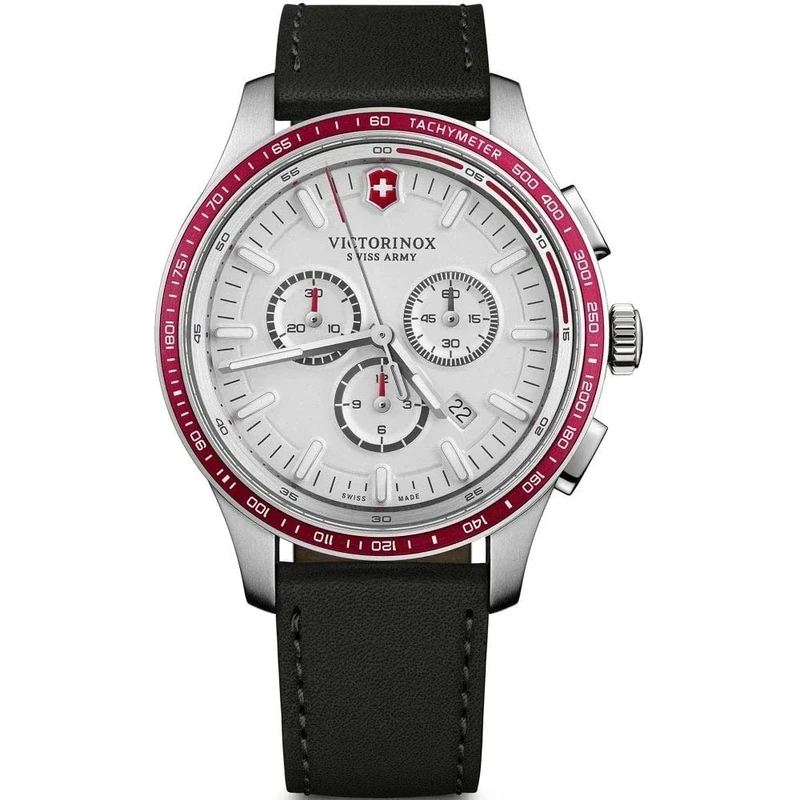 Victorinox Men’s Watch Alliance Sport Chronograph Ø 44 mm, Swiss Made, Analogue Quartz, Water-Resistant up to 100 m, Leather Strap, Black/White
